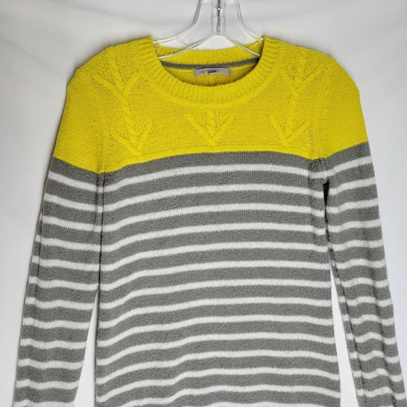 GAP Women's Sweater Yellow Gray White Striped Crew Neck Long Sleeve Size XS - Picture 2 of 9